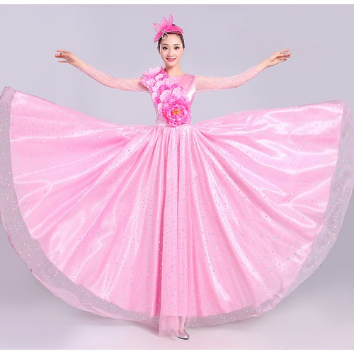 Flamenco dresses for women female pink yellow white stage performance spanish bull dance opening dance chorus singers long dresses